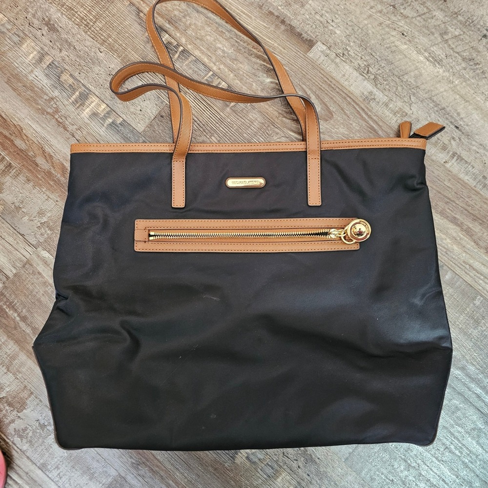 Michael Kors Black Nylon Tote Bag Tan Leather Trim Gold Hardware Large Shoulder